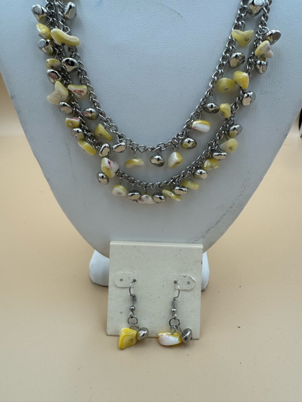Yellow and Silver Bead Layered Necklace & Earrings Set. 107